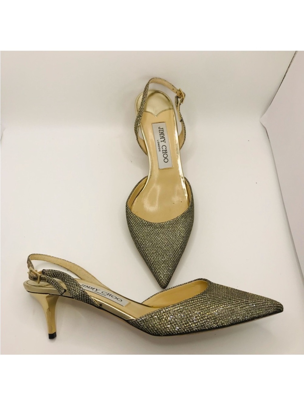 Jimmy Choo Gold Glitter Pointed Slingback Kitten Heels - Picture 2 of 9